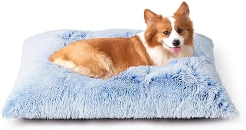 EHEYCIGA Fluffy Dog Crate Bed for Large Dogs, Plush Faux Fur Pad, Blue