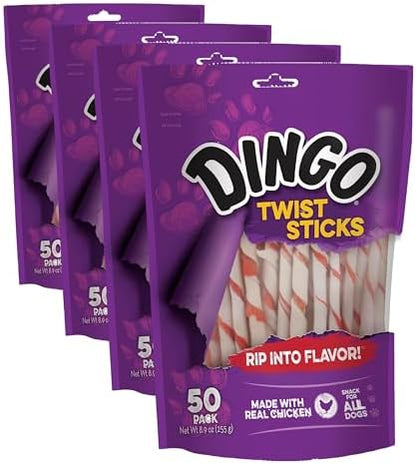 Dingo Twist Sticks Rawhide for Dogs,Made with Real Chicken,50 Count (Pack of 4)
