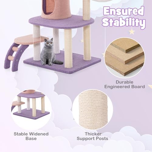 PETSITE Star and Moon-Themed Cat Tree Tower, Multi-Level Modern Cat Tower with Sisal Scratching Posts, Cat Condo, Side Hammock, Hanging Dangling Toys, Cute Cat Tree for Indoor Cats (62 Inch Tall)