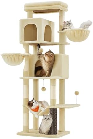 Feandrea Cat Tree, 69-in Large Cat Tower, Multi-Level Condo, Sand Beige
