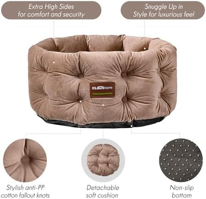 ClevaHome Deep Nest Cat Beds for Indoor Cats, Washable Round Cat Bed, Cute Kitten Bed with Anti-Slip Bottom for Kitty and Puppy, 20inches, Warm Beige