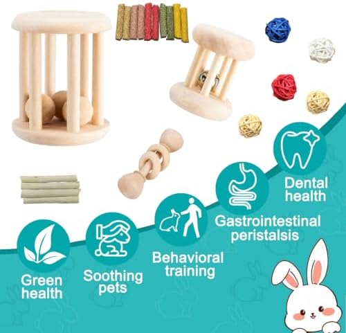 QWR 23 PCS Natural Wooden Rabbit Toys,Safe Bunny Chew Toys for Teeth,Grass Timothy Sticks,Sweet Bamboo,Guinea Pigs Teeth Grinding Toys for Chinchillas, Hamsters & Small Animals - Indoor & Outdoor
