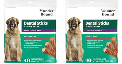 Wonder Bound Beef Flavor Dental Sticks for Large Dogs (Over 30 lbs), 6-Ridge Shape for Plaque & Tartar Control, Freshens Breath, Formulated with Vitamin C, 40 Count (Pack of 2)