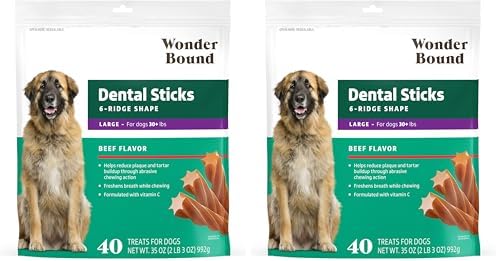 Wonder Bound Beef Flavor Dental Sticks for Large Dogs (Over 30 lbs), 6-Ridge Shape for Plaque & Tartar Control, Freshens Breath, Formulated with Vitamin C, 40 Count (Pack of 2)