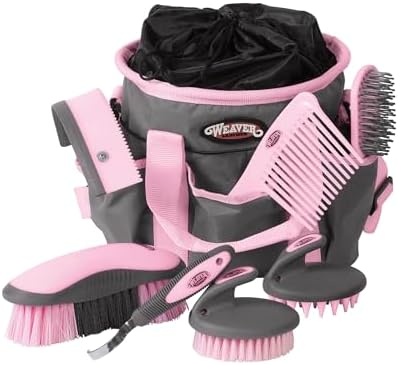Weaver Equine Horse Grooming Kit, 7-Piece Horse Brush Set with Organizer Tote Bag, Hoof Pick, Comb, Sweat Scraper, Equine Tools for Daily Grooming, Gray/Pink
