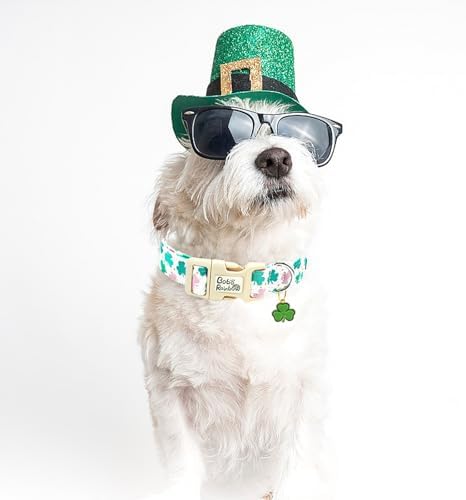 St Patrick's Day Dog Collar-Adjustable Cute Trefoil Pet Collars Cotton Clovers Holiday Puppy Collar Green Spring Necklace Gift for Small Dogs