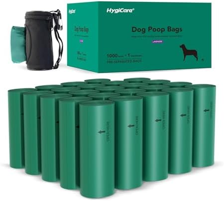 HygiCare Extended Dog Poop Bags with Dispenser, 1000 Count, Pre-Separated, Lavender Scent, Eco-friendly Material, Extra Thick, 100% Leakproof, 8"x 15.6", Green