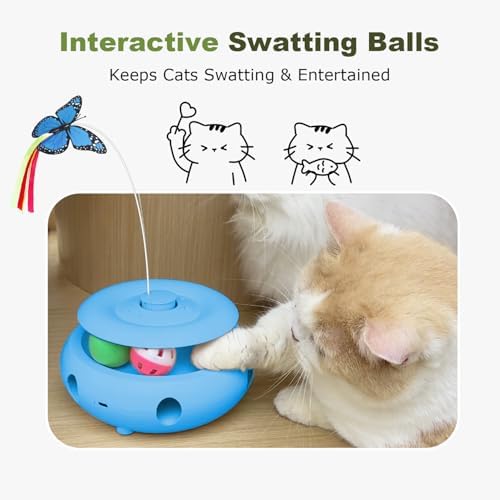 Interactive Cat Toy for Indoor Cats, 3-in-1 Automatic Kitten Toys with Fluttering Butterfly, Ambush Feather and Track Balls, USB Rechargeable Cat Enrichment & Exercise Toy