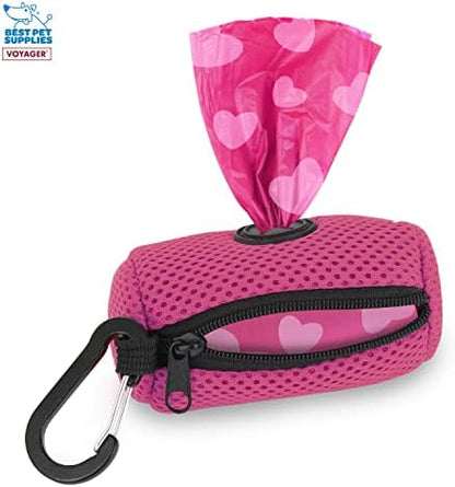 Best Pet Supplies Dog Poop Bag Holder Leash Attachment with Reusable Dispenser for Travel, Walking, Park, and Outdoor Use, Durable with Clip-On - Fuchsia, Mesh Dispenser w/15 Bags