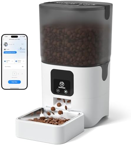 PAPIFEED Automatic Cat Feeder with App, WiFi Auto Cat Feeder, 6L Slow-Feed Cat Food Dispenser for Dry Food, Dual Power Supply Timed Pet Feeder for Small Dog, 10 Meals/Day, 12 Portions/Meal, White