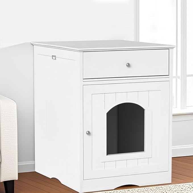 Large Wood House for Cats Litter Box Enclosure Furniture Hidde Out Box with Cabinet Drawer Indoor Pet House Side Table Wooden Crate (White)
