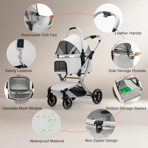 3 in 1 Pet Stroller for Small/Medium Dogs & Cats with Detachable Carrier, Storage Basket and Pet Pad, 4 Wheels Foldable Pet Travel Carrier for Car Seat & Hand Carry, Safe Outings (Khaki)