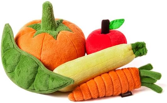 P.L.A.Y. Cute Plush Dog Toys - Fruit & Vegetable Themed Durable Squeaker Chew Toy, Great for Puppies & Small Dogs - Machine Washable, Recycled Materials (5 Piece Set, X-Small)
