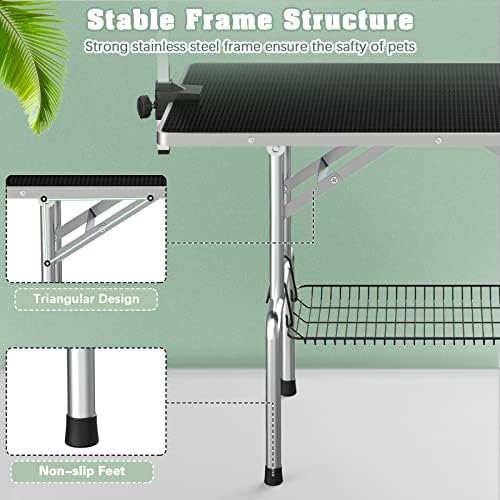 Lyromix 46'' Stainless Steel Pet Dog Grooming Table, Arm/Noose/Tray, Black