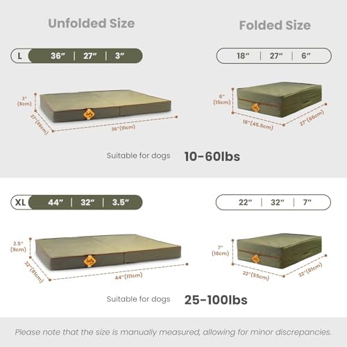Laifug Foldable Waterproof Dog Bed for Large Dogs - Outdoor Orthopedic Dog Bed with Washable Removable Cover, Pet Mattress with Handles, Army Green, (36 x 27 x 3.5, inches)