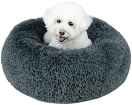 Best Pet Supplies Round Calming Dog Bed for Small, Medium & Large Dogs, Plush Donut Cuddler Pet Bed w/Raised Rim for Head, Neck Support, Anti-Slip Bottom Washable Bed - Gray, 20 x 20 x 6