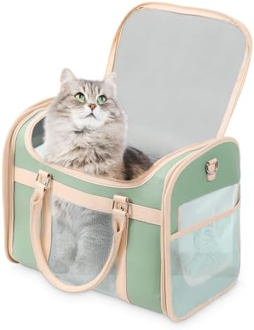 Luxury Mint Green PU Leather Pet Carrier Bag, Airline Compliant Portable Travel Crate with Breathable Mesh Panels & Shoulder Strap for Cats Small Dogs Travel & Vet Use