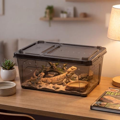 Irenare 8 Pcs Reptile Breeding Box Plastic Spider Terrarium Tarantula Feeding Box for Bearded Dragon Lizard Spider Gecko Scorpion (Vent Strips,Black,10.6 x 7.4 x 4.7 Inch)