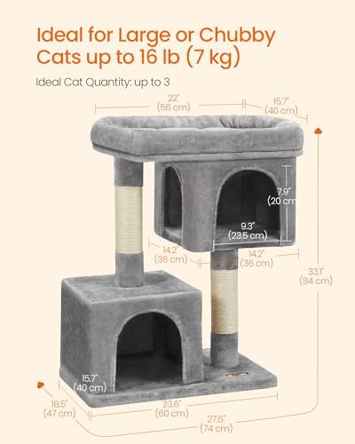 Feandrea Cat Tree, 33.1-Inch Cute Cat Tower, Plush Kitten Condo, Light Gray