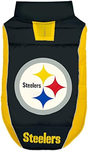NFL Pittsburgh Steelers Puffer Vest for Dogs & Cats, Size Medium. Warm, Cozy, and Waterproof Dog Coat, for Small and Large Dogs/Cats. Best NFL Licensed PET Warming Sports Jacket