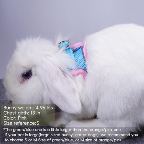 Rabbit Harness and Leash Set Escape Proof, Adjustable Soft Padded Vest, Breathable Mesh Bunny Harness with Reflective Strap, Safe for Small Animals(Pink,S)