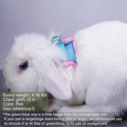 Rabbit Harness and Leash Set Escape Proof, Adjustable Soft Padded Vest, Breathable Mesh Bunny Harness with Reflective Strap, Safe for Small Animals(Pink,S)