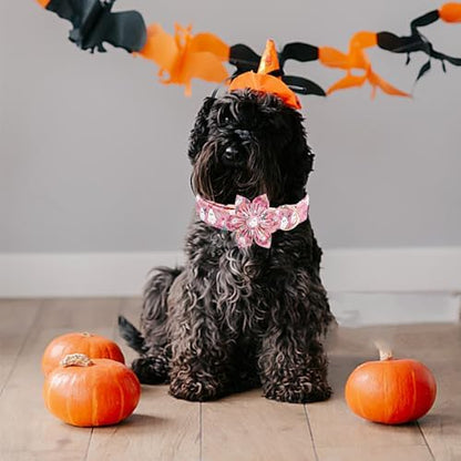 Elegant little tail Halloween Dog Collar, Pink Ghosts Print Dog Collar with Flower Puppy Collar Flower Female Cotton Adjustable Collars for Small Medium Large Dogs