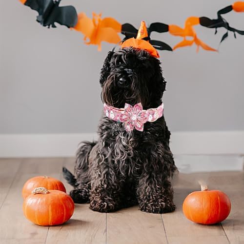 Elegant little tail Halloween Dog Collar, Pink Ghosts Print Dog Collar with Flower Puppy Collar Flower Female Cotton Adjustable Collars for Small Medium Large Dogs