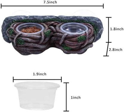 AIICIOO Crested Gecko Feeding Ledge Double Bowl Reptile Vine Food Ledge with 4 PCS Cup Corner Water Bowl for Lizard Snake Bearded Dragon Frog Turtle Terrarium Tank Decor