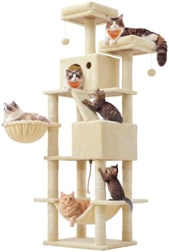 Feandrea Cat Tree, 81.1-Inch Large Cat Tower, Multi-Level Condo, Beige