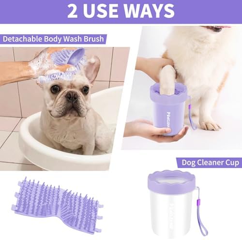 Professional 7 in 1 Dog Paw Cleaner for Dogs & Cats - Includes 1 Portable Paw Washer, 1 Bath Brush, 2 Dog Toothbrushes and 3 Absorbent Towels Note: Fits Paws up to 2 Inches Wide (Small, Purple)
