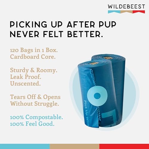 Wildebeest Compostable Dog Poop Bags | Thick, Unscented & Leakproof Dog Waste Bags | ASTM D6400 Compliant | Fit Any Poop Bag Holder – 8 Heavy Duty Eco-Friendly Poop Bag Rolls (120 Bags)
