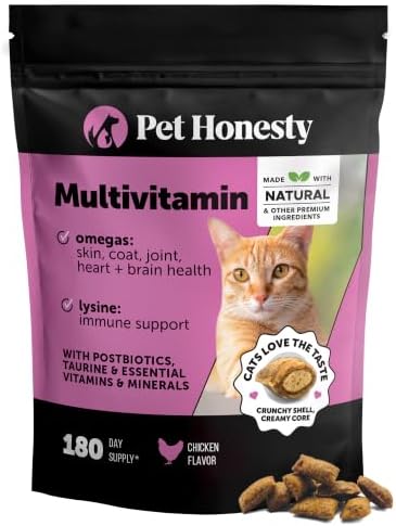 Cat Multivitamin Crunchy Creamy Chews - Daily Vitamins with Lysine, Prebiotics, Omega 3 Fish Oil - Cat Treats for Immune Support, Skin Coat, Digestion, Heart + Joint Health (180 Day Supply)