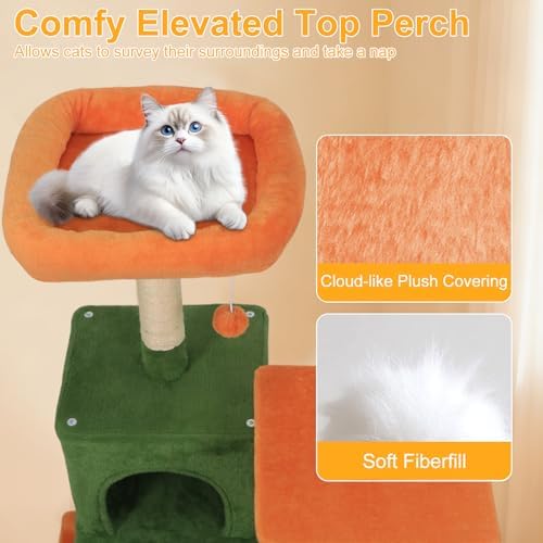DORTALA Cat Tree for Indoor Cats, 58" Tall Cat Tower with Top Perch, Condo, Hammock, Sisal Scratching Posts, 3 Dangling Balls, Platforms, Multi-level Pet Climbing Furniture Playground (Green & Orange)