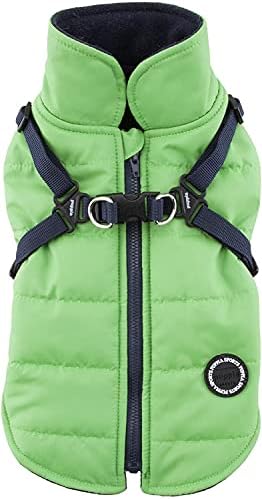 Puppia Mountaineer Winter Dog Coat with integrated harness No Pull Cold Weather Waterproof Warm Fleece Back Zipper for Small & Medium Dog, GREEN, X-Large