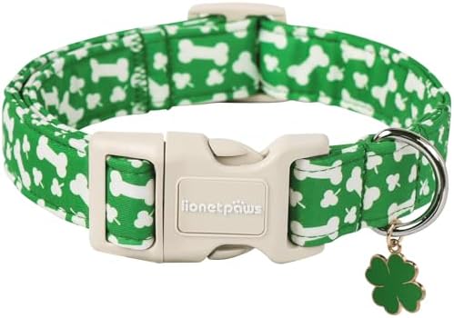 Lionet Paws St. Patrick Dog Collar- Cute Clover Bone Green Dog Collars with Plastic Buckle, Light Adjustable Dog Collars with Clover Pendant for Small Dogs