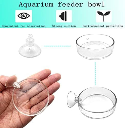 Aquarium Shrimp Feeder Dish Glass Fish Tank Feeding Bowls, 1pcs Round Glass Food Bowl (60mm), 2pcs Square Fish Feeding Bowls with Suction Cups (60mm)