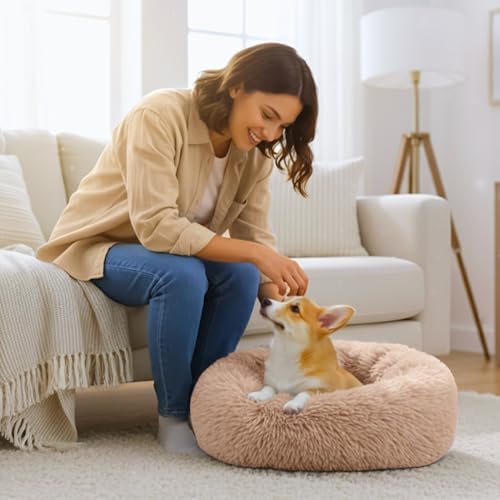 Calming Extra Large Donut Dog Bed, Anti-Anxiety Round Soft Fluffy Plush Faux Fur Washable Anti-Slip Pet Bed for Medium Dogs Up to 45 lbs 32in (Camel)