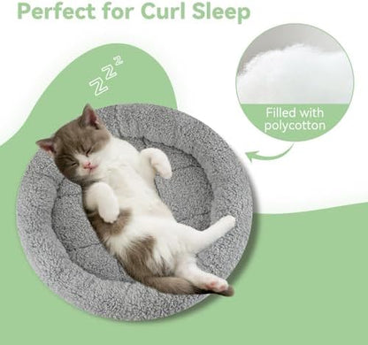 LESYPET Cat Bed for Indoor Cats, Small Pet Bed Curl Sleep Cushion with Raised Pillow Around, Non-Slip Bottom Washable Pet Beds Mat for Small Pets Rabbit Hamsters, Round Diameter 11.8"