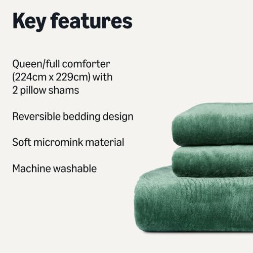 Amazon Basics Reversible Sherpa Comforter Set with Pillow Sham, Down Alternative, Queen/Full, Green, Machine Washable