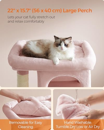 Feandrea Cat Tree, 33.1-Inch Cute Cat Tower, Plush Kitten Condo, Jelly Pink