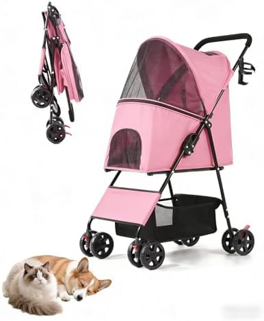 Pet Stroller for Small Dogs Cats, Lightweight Foldable Pink Dog Stroller