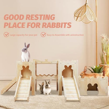 Extra Large Wooden Rabbit Castle Hideaway Tunnel and Bed Small Animal Hideaway Hut Solid Safe Construction Play Hideaway Hut for Rabbit Guinea Pig Chinchilla