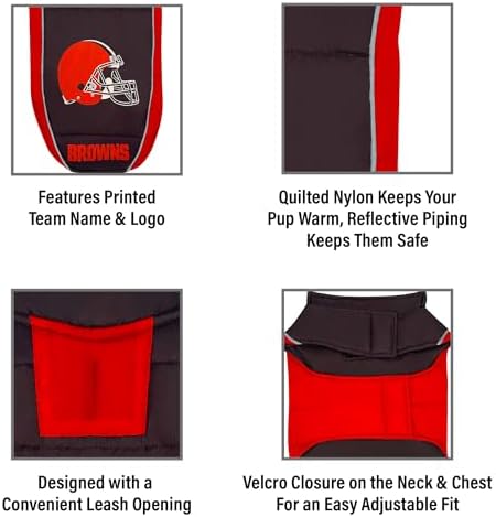 NFL Cleveland Browns Puffer Vest for Dogs & Cats, Size Small. Warm, Cozy, and Waterproof Dog Coat, for Small and Large Dogs/Cats. Best NFL Licensed PET Warming Sports Jacket