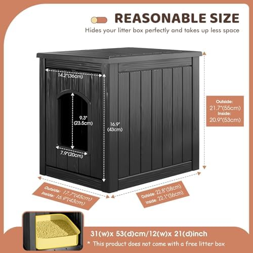 NUNU LAB Hidden Cat Litter Box Enclosure Furniture, Weatherproof Litter Box Side Table with Openable Front Door, Odor-Free & Easy Clean Cat House Cabinet for Indoor Bedroom & Outdoor Patio, Black