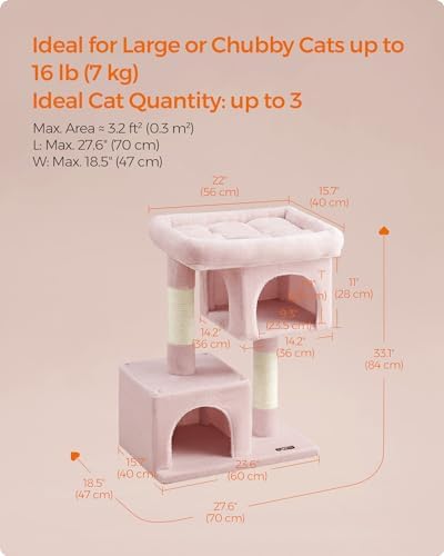Feandrea Cat Tree, 33.1-Inch Cute Cat Tower, Plush Kitten Condo, Jelly Pink