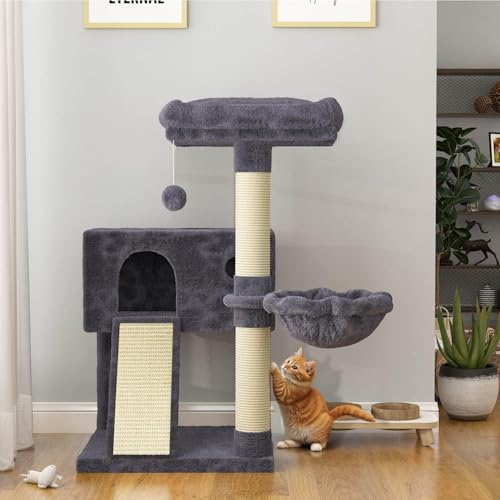 SHA CERLIN Cat Tree 36 Inches Cat Tower with Hammock, Sisal Scratching Post for Indoor Kittens, Small Room, Smoky Grey