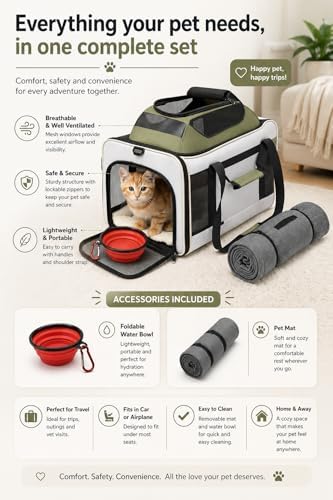 Cat Carrier Dog Carrier Airline Approved, Pet Carrier for 2 Cats Small Medium Dogs, Soft Cat Carrier 18x15x15 with Foldable Bowl & Washable Pad, TSA Approved Dog Carriers by Luniko Shop (Cream)
