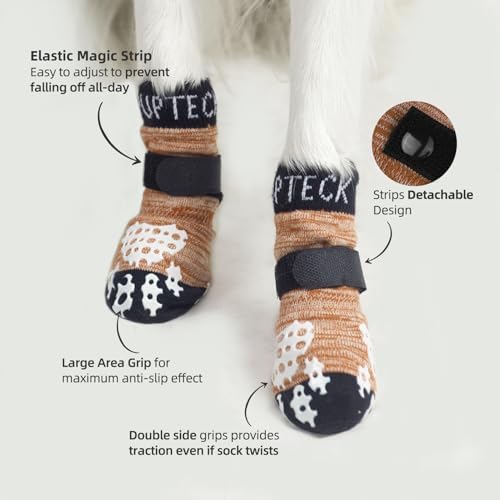 PUPTECK Anti-Slip Dog Socks with Double Sides Grips for Small Medium Large Dogs Hardwood Floors Prevents Licking, Dog Shoes for Hot Pavement Traction Control Paw Protector for Senior Dogs, Khaki M