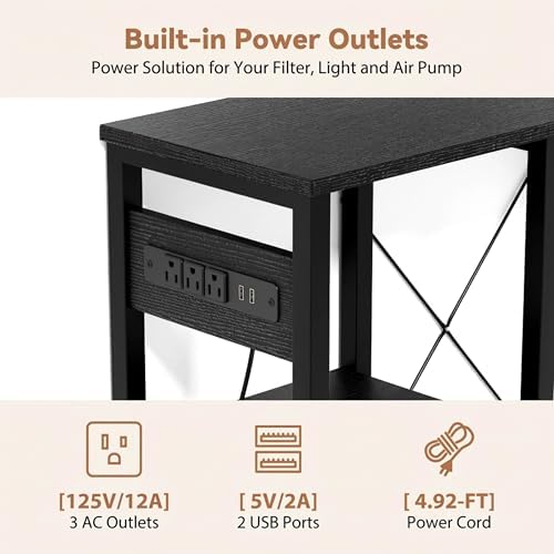 GRLEAF 5-10 Gallon Fish Tank Stand with Power Outlets, 4 Tier Metal Aquarium Stand with Wood Storage Shelves, 20.3" L x 10.6" W x 30.3" H Turtle Reptile Fish Tank Table Aquarium Table - Black